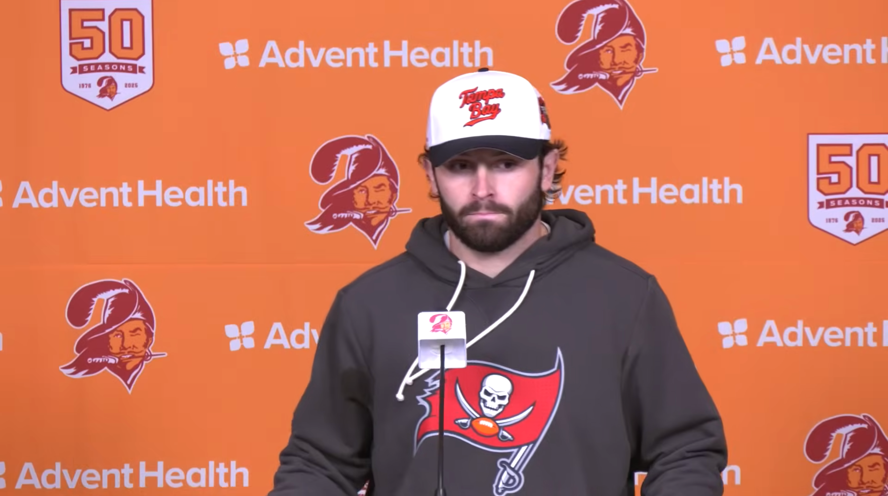 Baker Mayfield speaks with reporters ahead of the Bucs' Week 15 matchup against the Atlanta Falcons.